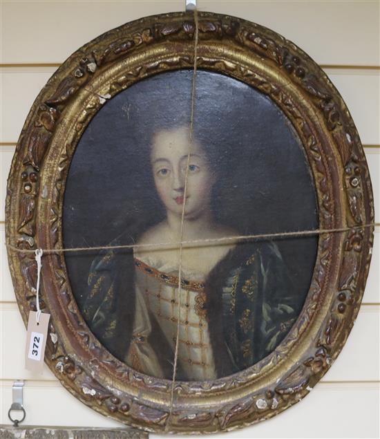 English School (18th Century), oil on canvas, Portrait of Queen Anne, oval, in carved giltwood frame, 38 x 31cm